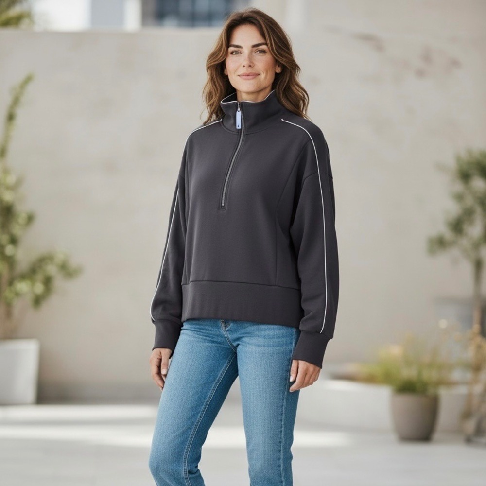 Member's Mark Half Zip Pullover Women Large Charcoal Black NEW Sandwashed Piping